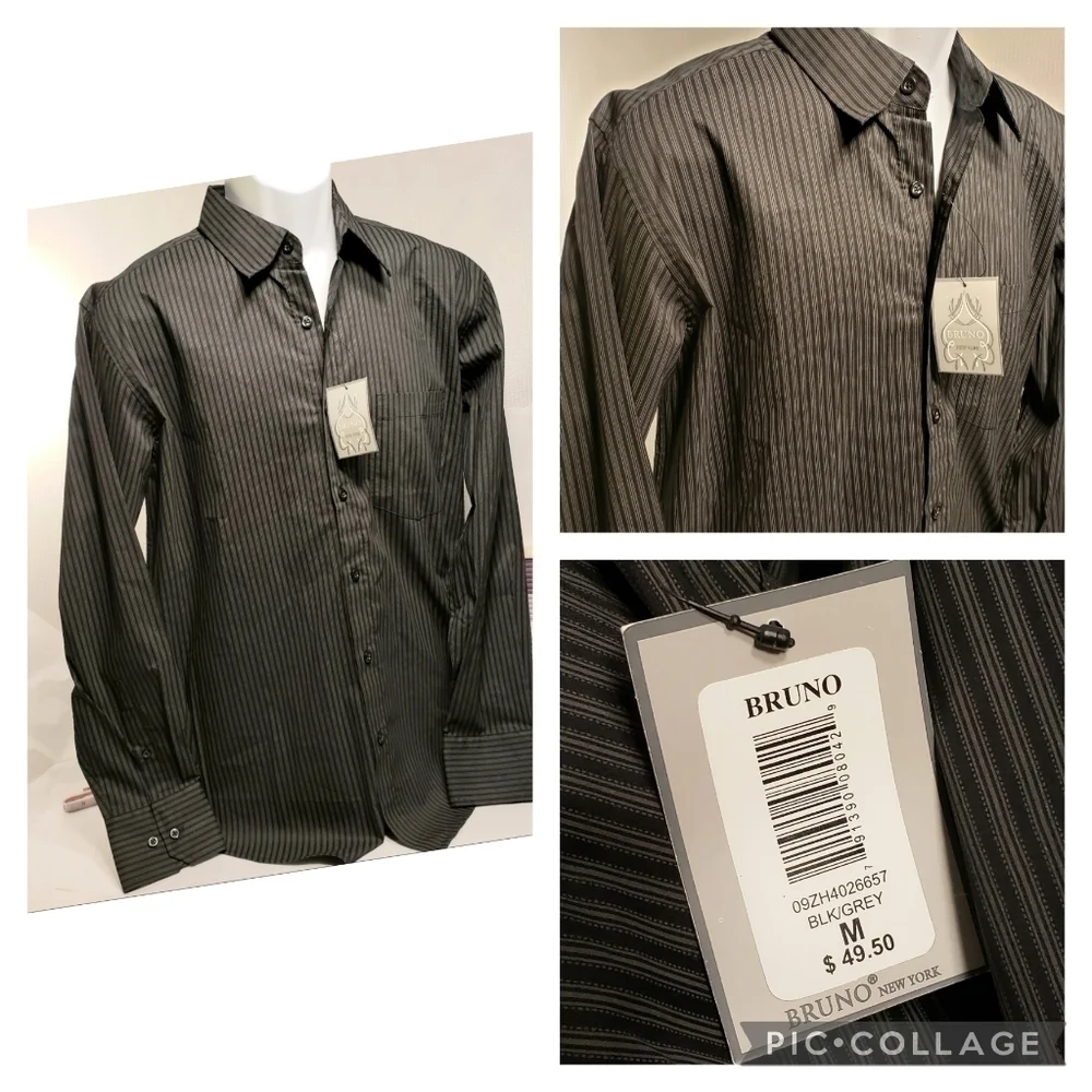 Bruno New York Men’s Stripe Button Up NWT Shirt M Grey Black